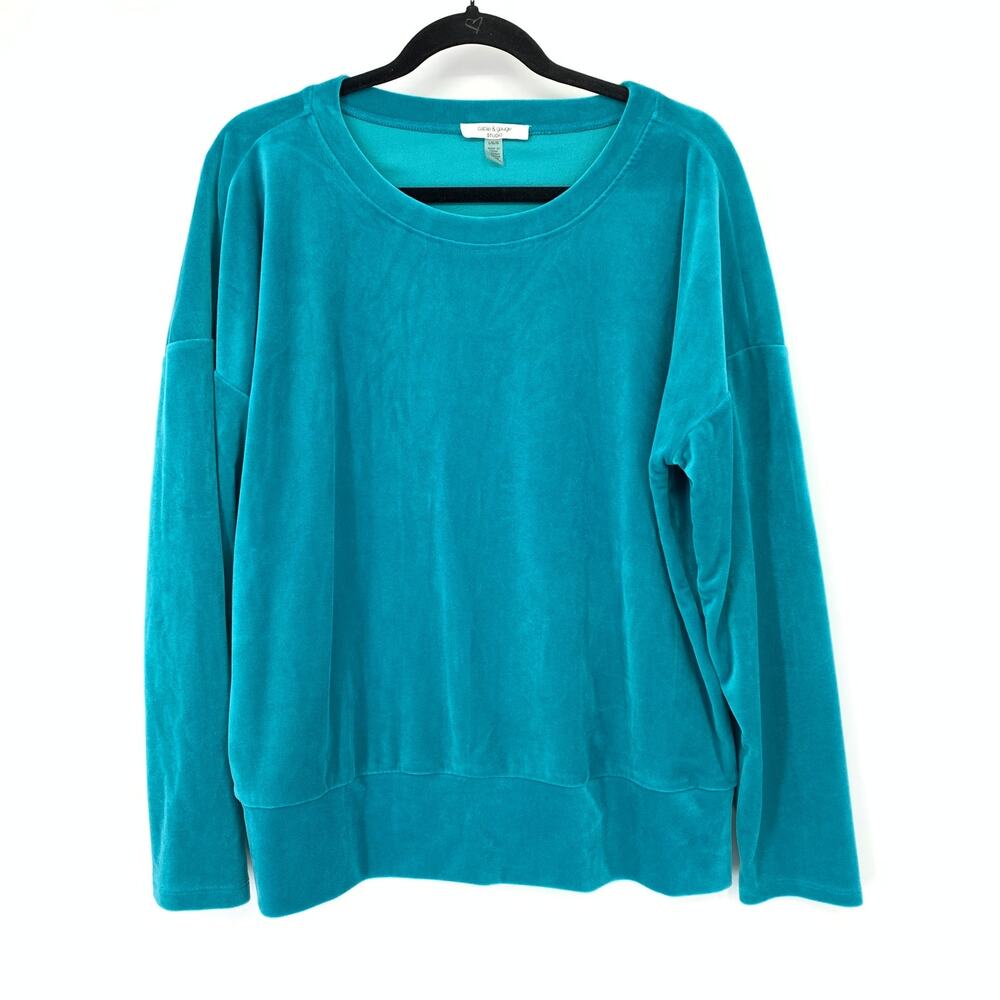 Cable & Gauge Top Womens Large Teal Velvety Wide Banded Crew Neck Relaxed Fit
